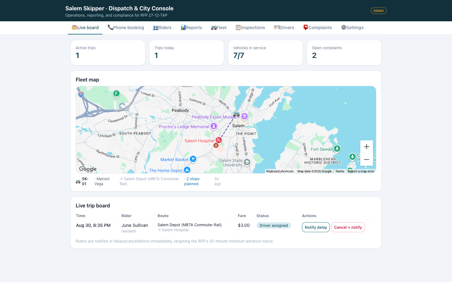 Dispatch live board with active-trip metrics, a live fleet map of Salem, and a trip board with delay and cancellation actions