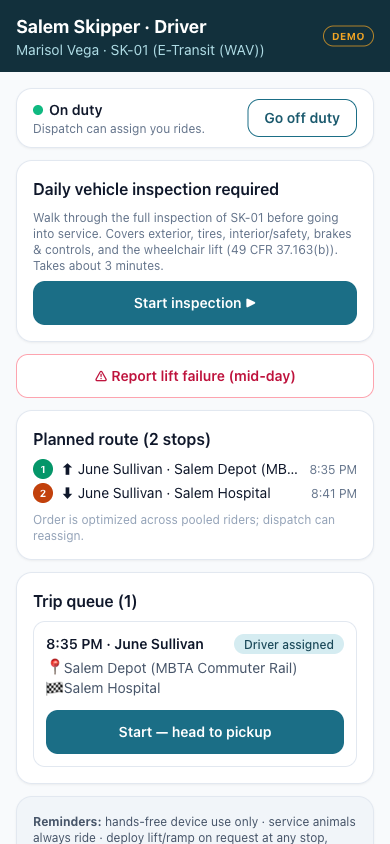 Driver console showing on-duty status, daily vehicle inspection prompt, planned route, and trip queue