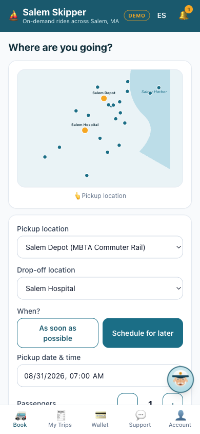 Rider app booking screen with a Salem stop map, pickup and drop-off selectors, and scheduling options