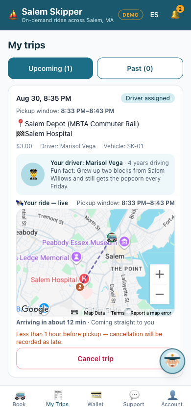 Rider app showing an assigned trip with driver profile, pickup window, and live vehicle tracking on a map